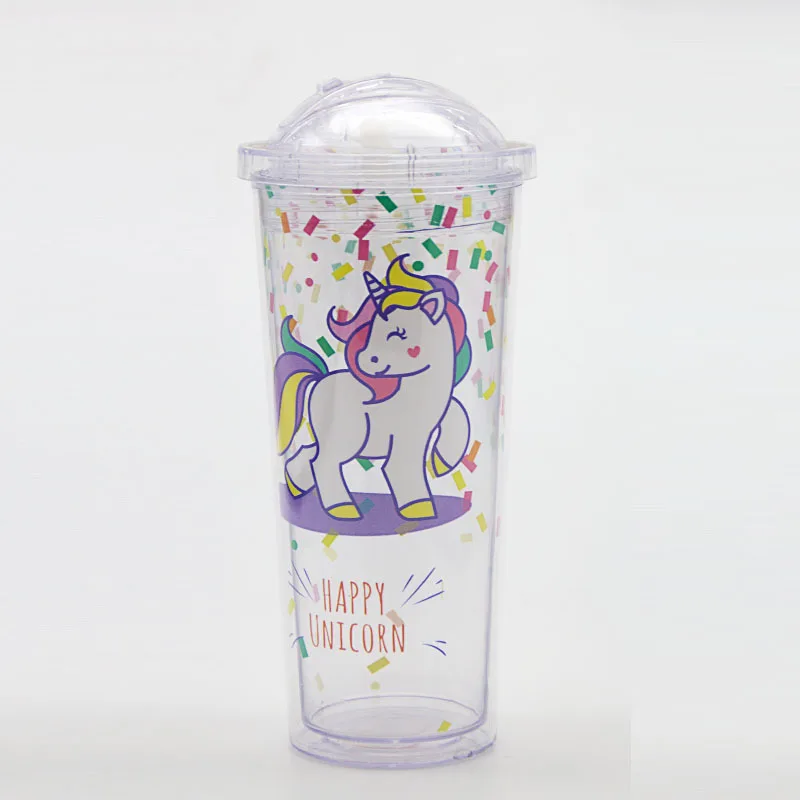 Unicorn Double Wall Insulated Plastic Boba Milk Tea Coffee Cups 650ml Plastic Reusable Bubble Boba Tea Cups With Lids