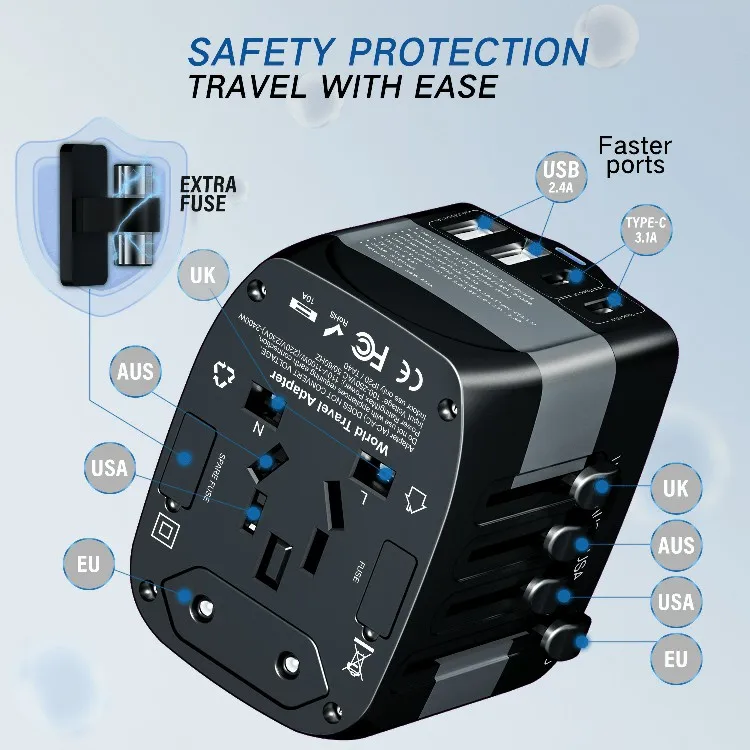 4-USB 1-C Universal Travel Charger Portable Plug Socket Adapter International Voltage Converter USB Travel Adapter Global Travel