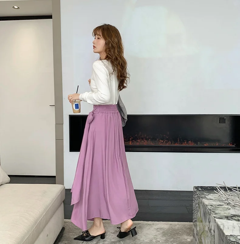 Korean style high waist half-length temperament bandage elastic waist mid-length large swing a-line umbrella skirt women