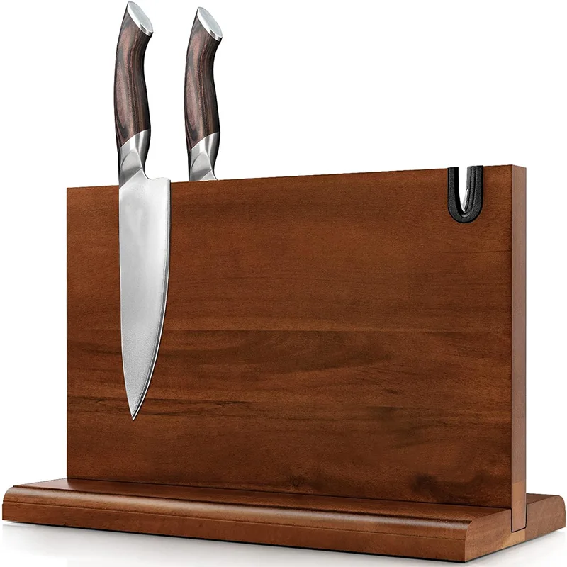 Yashion New Acacia Wood Double Sides Magnetic Knife blocks Knife Storage Stand with Sharpener