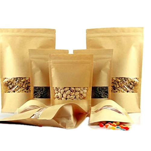 Biodegradable Eco Friendly Kraft Paper Zipper Bag Clear Window Stand Up Kraft Paper Pouch