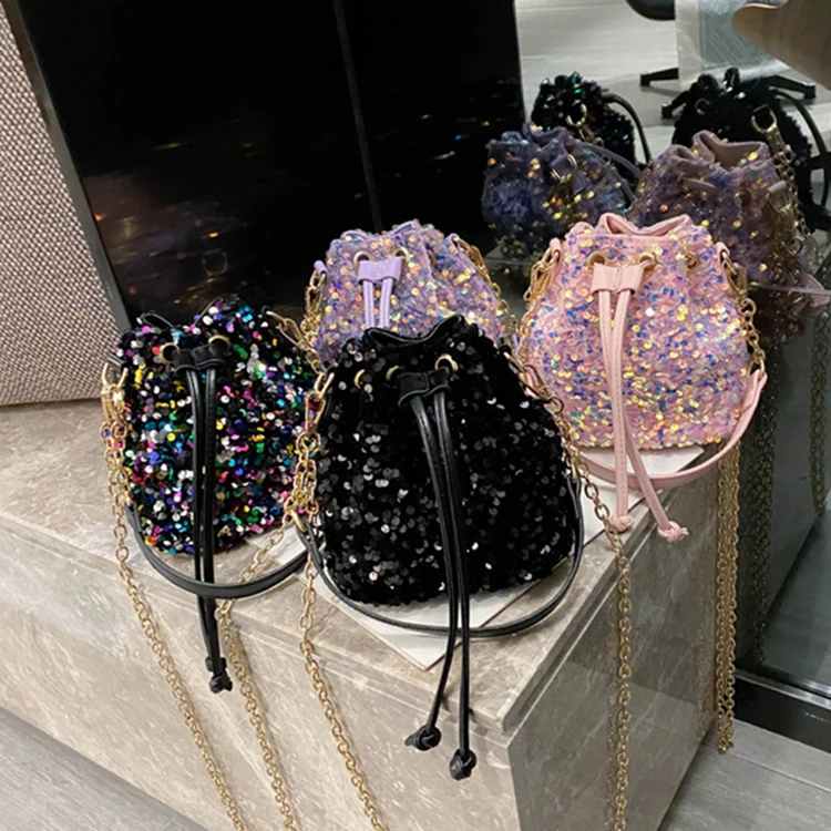 2022 Fashion Sequins Leather Delicate Luxury Lady Bucket Purses And Handbags For Women