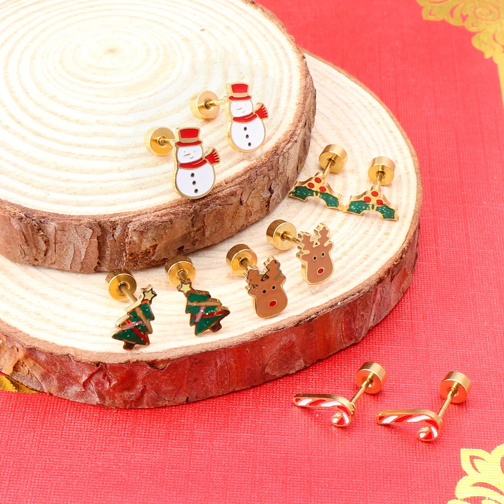 Christmas Cartoon Snowman Cane Elk Reindeer Tree Screw Plug Stud Earrings Antiallergic Stainless Steel Kids Jewelry For Children