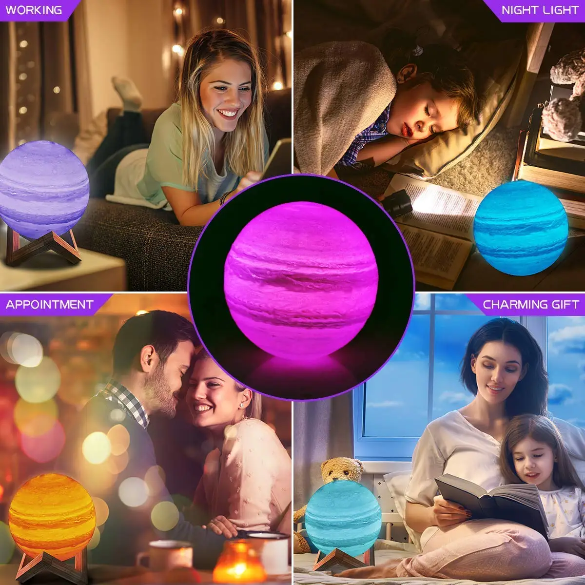 16 Color 3D Printing Moon Lamp Solar System 8 Planets Table Lamp with Remote Control LED Jupiter Lamp Rechargeable Night Light