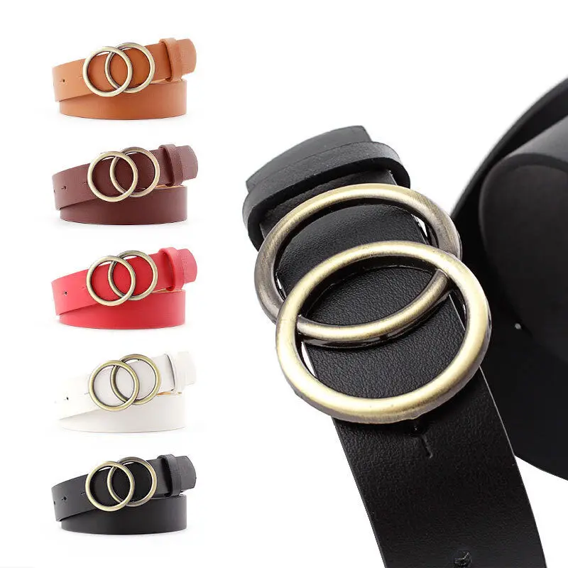 Women Belt Fashion Waist Belt PU Leather Metal Pin Buckle Double Circle Button Belts For Ladies Leisure Dress Jeans Waistband