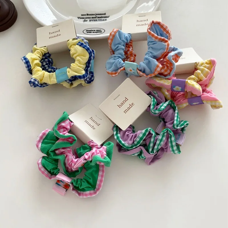 2023 Korean Fashion Wholesale Scrunchies 2pcs Candy Colors Elastic Hairband Cute Lattice Hair Tie Woman Girls Ponytail Holder