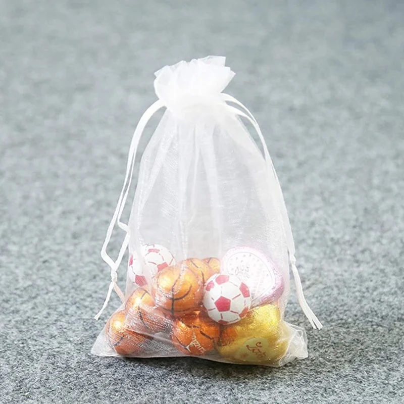 Silver Drawstring Organza Gift Pouch Custom Organza Packaging Bag With Printed Ribbon gift Jewelry bag