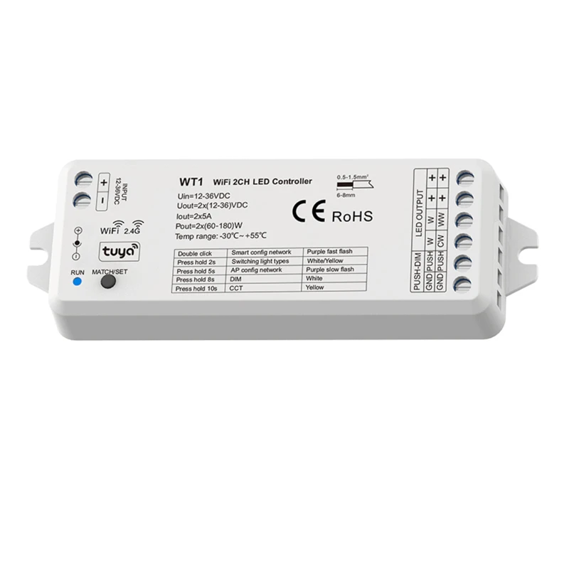 WT1 2CH 5A 12v 24v 36V DC WiFi RF CV Tuya приложение push Dim контроллер для управления одним цветом или цветовой температурой светодиодные полосы