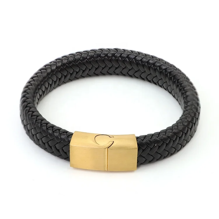 7FLOWER Custom Fashion Jewelry Black Stainless Steel Leather Bracelet Men Bracelet Homme Magnetic Real Leather Bracelet For Men