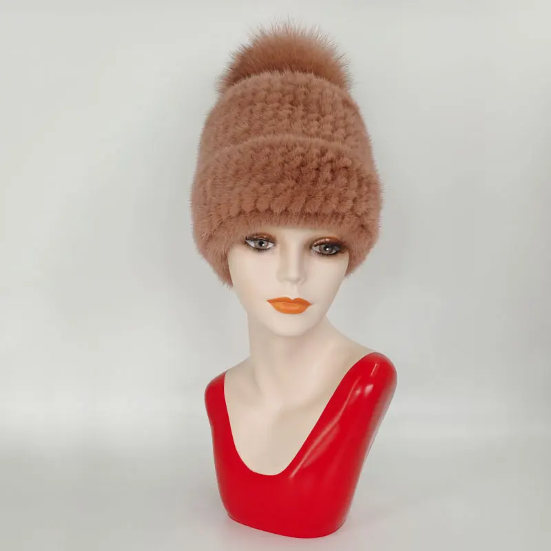 Mink Fur Knit Hat Fur Hat With Fox Fur Ball For Women Winter Warm Mink Hat