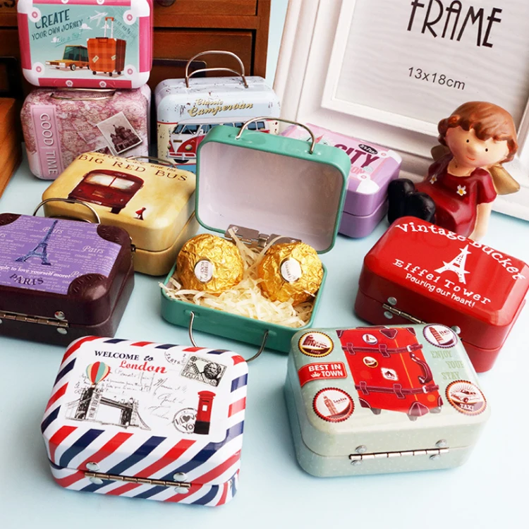 Custom Mini Traveling Shape Tin Box With Handle For Christmas Gift