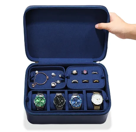 Navy blue multi-layer jewelry body storage box luxury pillow leather jewelry multi-purpose travel box