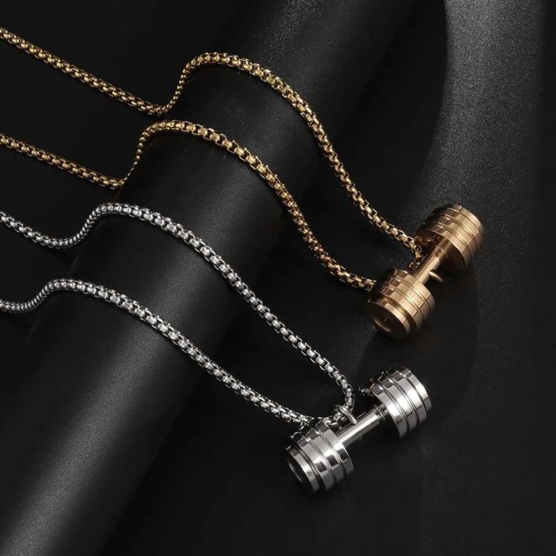 Mens Stainless Steel Barbell Gym Weight Lifting Dumbbell Necklace Pendant