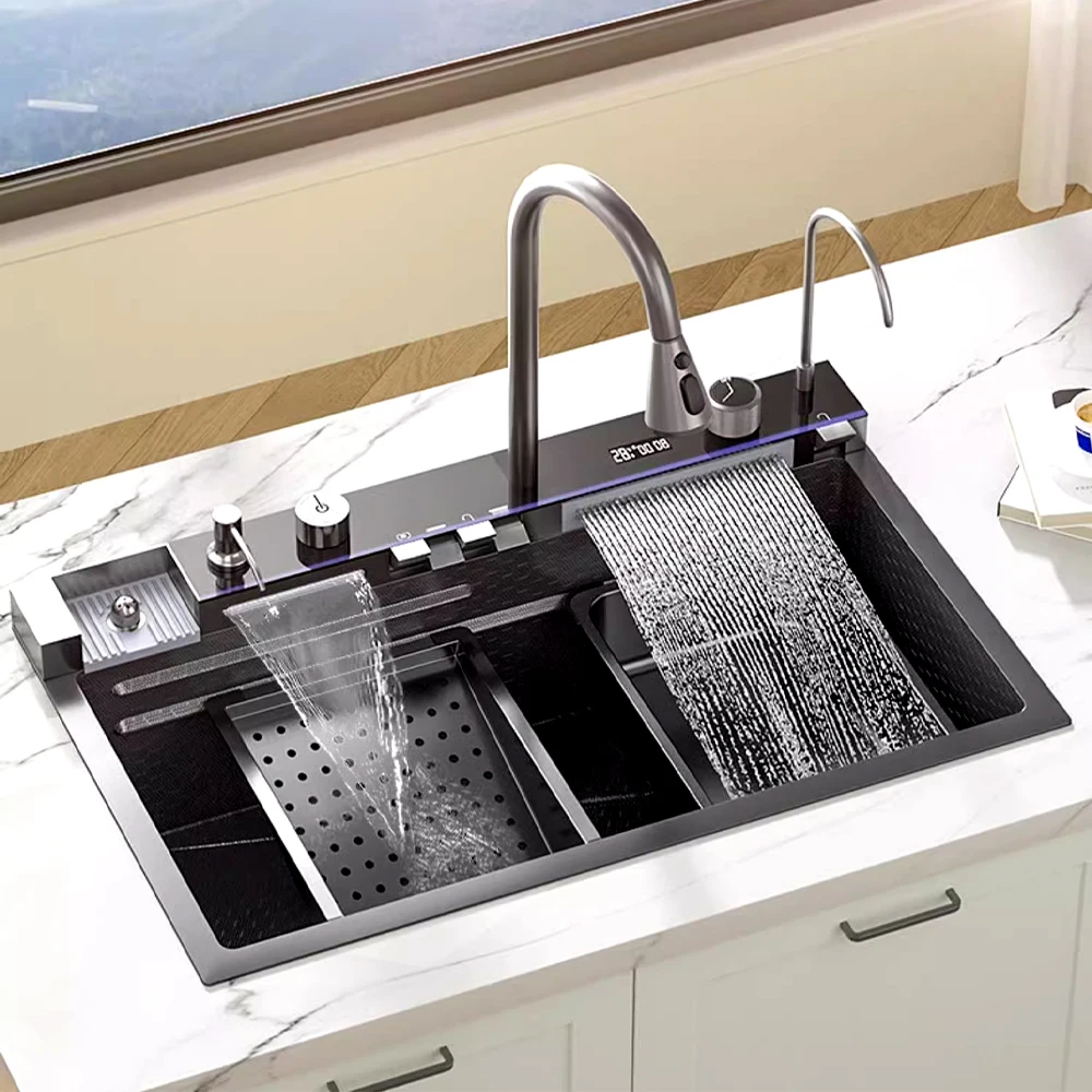 popular modern single countertop stainless steel 304/201 kitchen sink 7545 digital smart washbasin full set  accessories factory