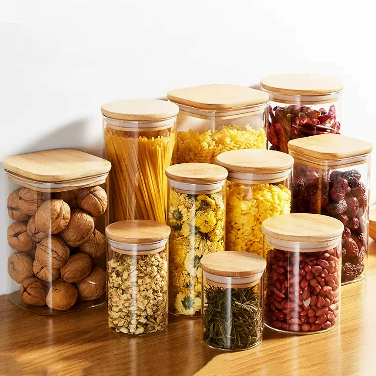 Оптовая цена пустые кухонные круглые стеклянные банки для пищевых продуктов контейнер хранения с деревянной крышкой