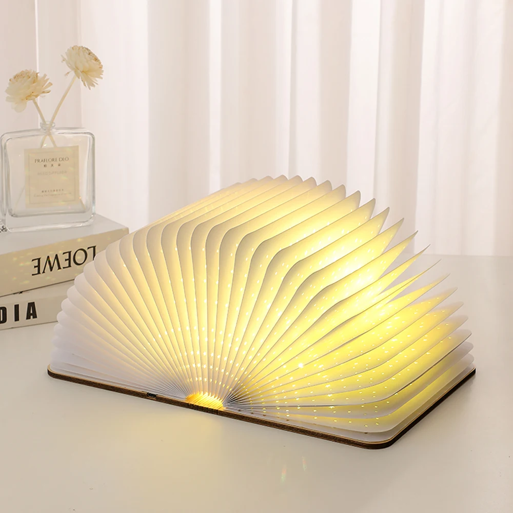 New Design White Maple Walnut Portable Creative Book Shape Wooden Rechargeable Foldable Book Lamp with Projector Function