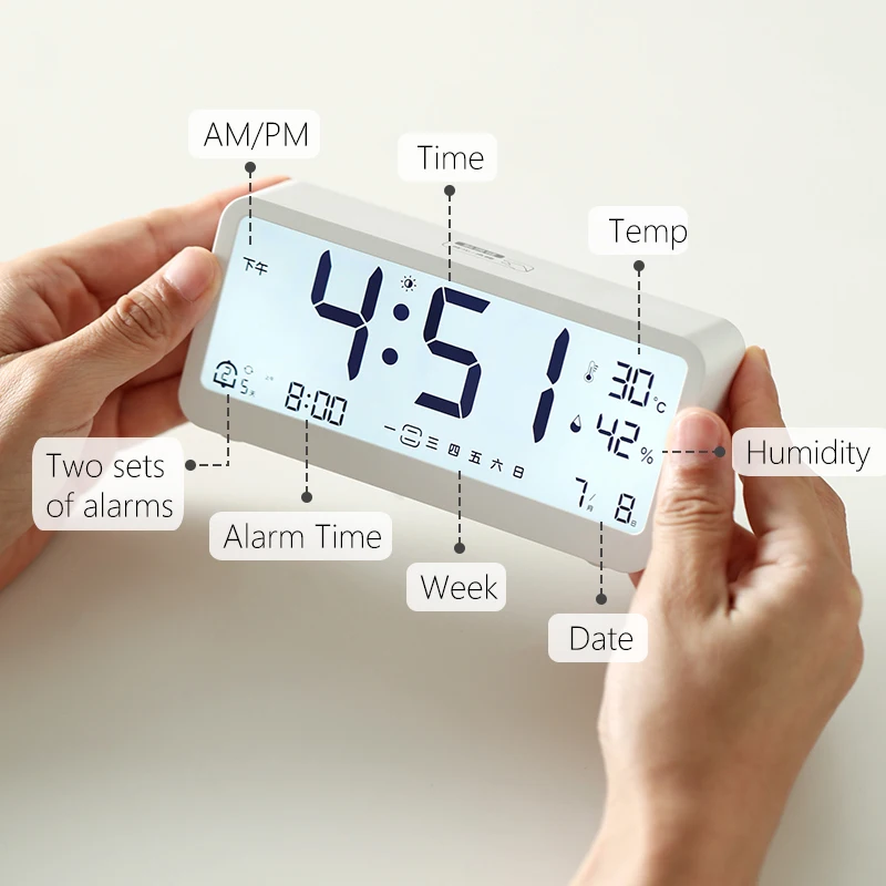 SHIMOYAMAElectronic Alarm Clock Large Display Date Temperature Humidity Battery Operated Digital Atomic Clock