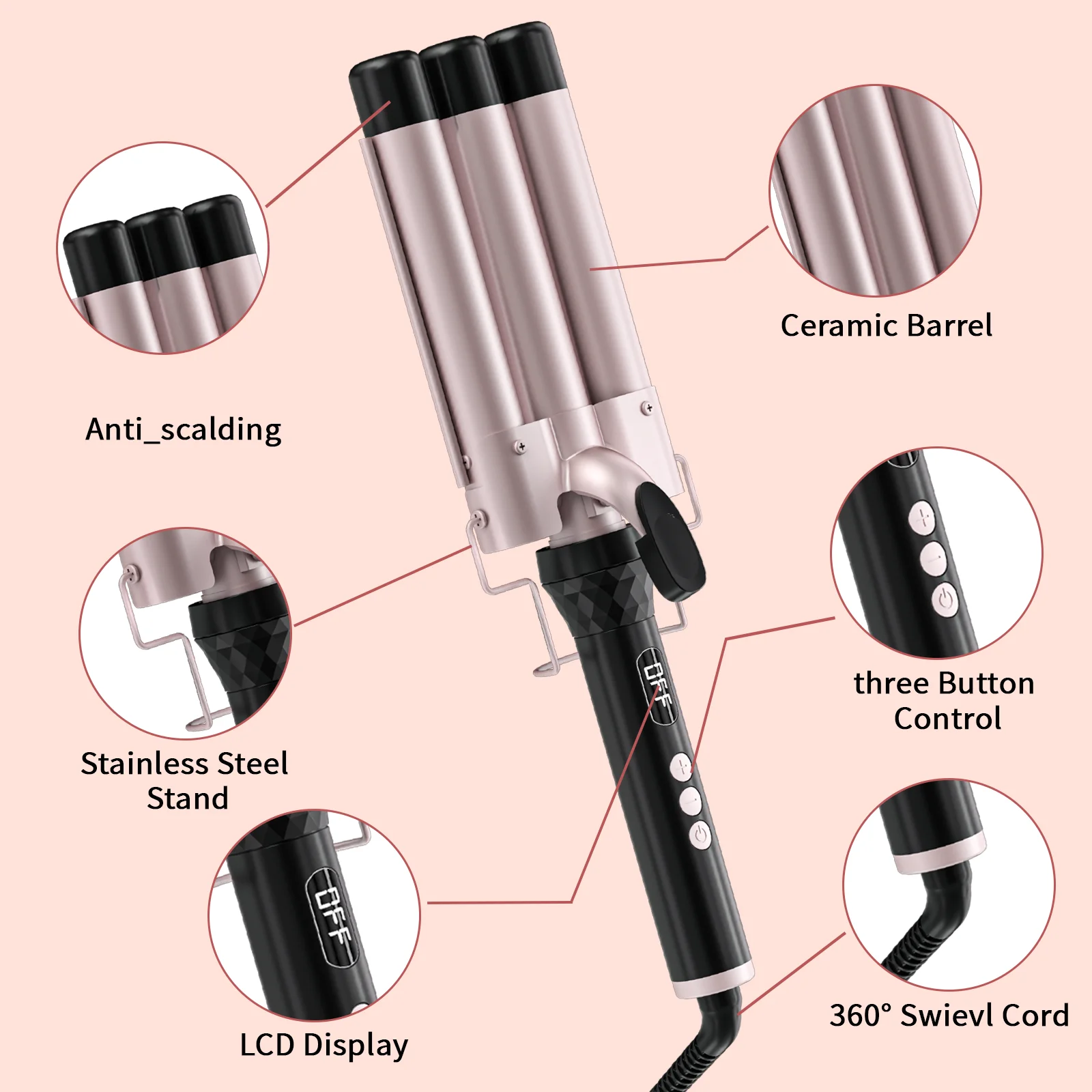 Top Selling LCD Temp Display Hair Crimper 3 Barrel Curling Iron Wand Dual Voltage Cordless Hair Curler For Home Use