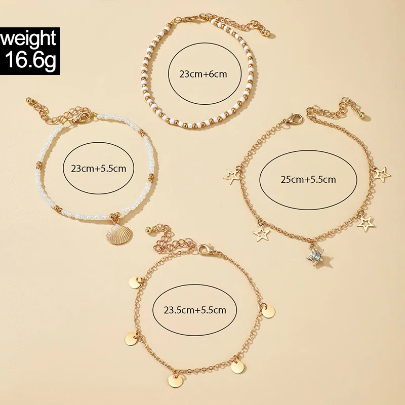 Hot Sale Good Quality Boho Jewelry Beaded Star Disc Pearl Shell Anklet Four Pieces Set