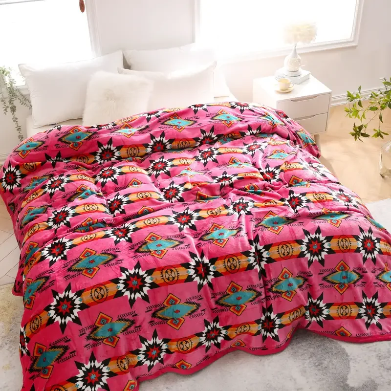 New Arrived Soft Cozy Boho Ethnic Style Printed Flannel Blanket Customized Polyester Fleece Throw Blanket For Winter