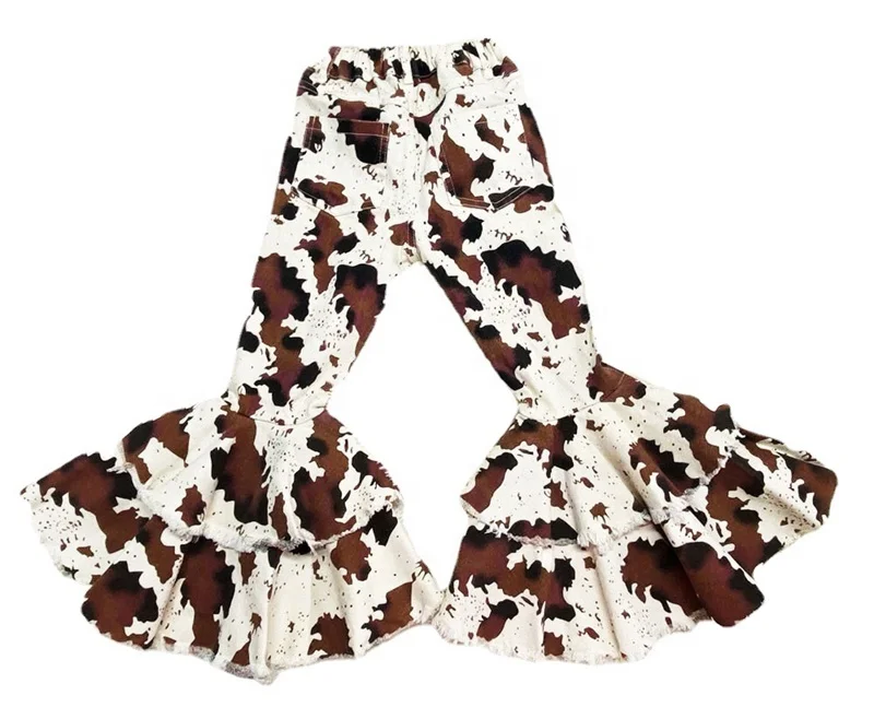 2024 New Western Style Brown Cow Printed Baby Girls Boys Denim Bell Bottoms Pants Children Double Bells Jeans
