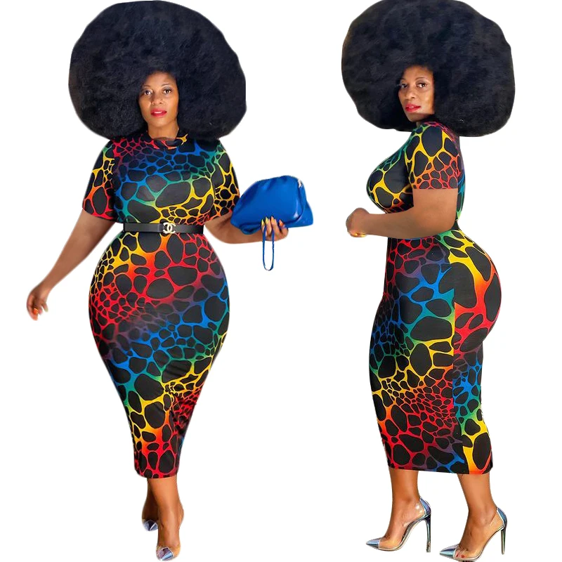 
Factory Wholesales Leopard Dress Crew Neck Elegant Floral Print Plus Size Summer Dresses Short Sleeve Long Dresses Women Casual 