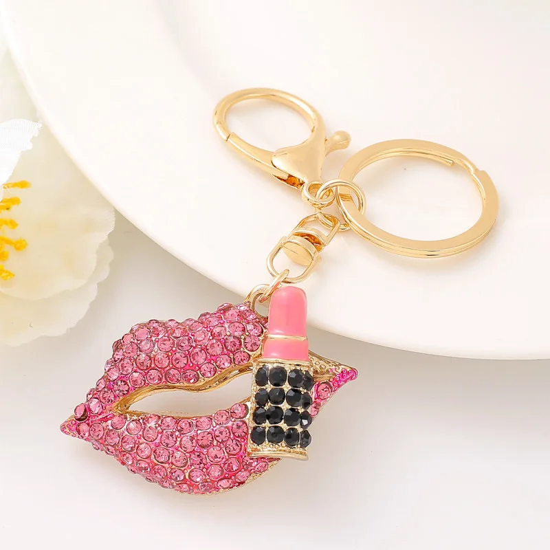 Elegant Lip Gloss Keychain with Rhinestone European Pave Crystal 3D Lip Keyring Keychains for Lady