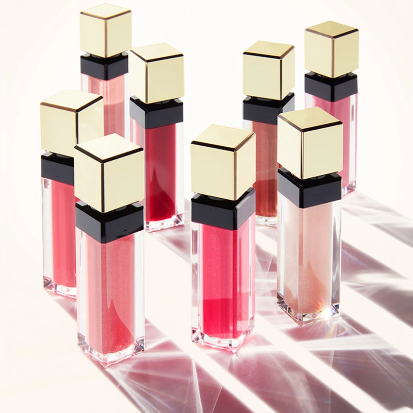 Custom private label 10ml empty packaging gold cap clear square lip gloss containers tube with wand