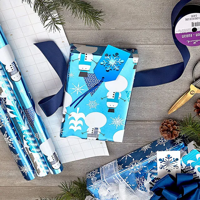 Christmas Wrapping Paper with Cut Lines on Reverse (3 Rolls: 60 sq. ft. ttl) Snowmen, Snowflakes, Christmas Trees