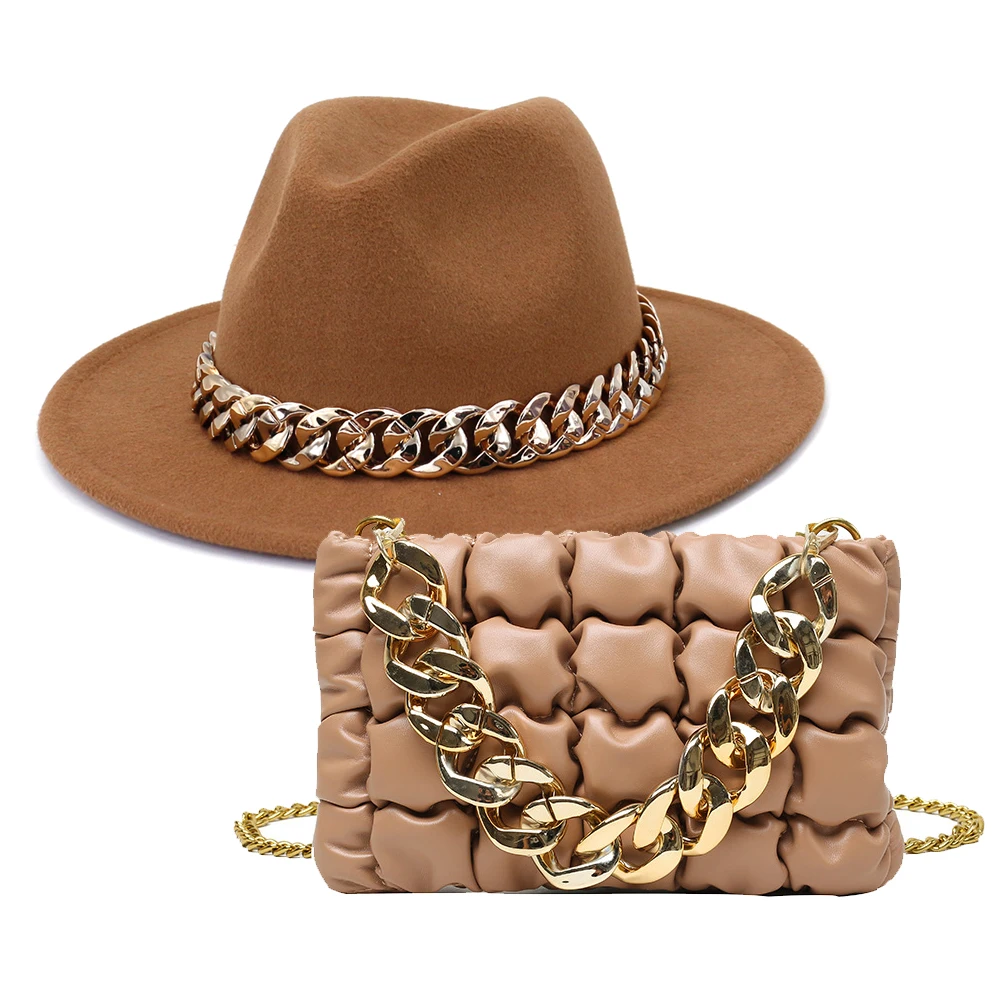 2022 Ladies Small Square Hand Purses Girl Metal Chain fedora hats and purse set Shoulder Bags Quilted PU Leather Handbags Women