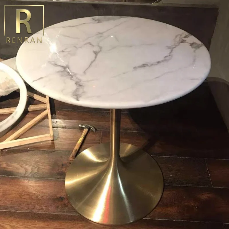 Modern Popular Luxury Round White Marble Top Gold Base Dining Table Hotel Tables Stone