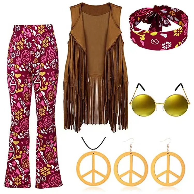 Halloween Hippie Accessories 70s Costume Outfits Fringe Vest 60s Decades Clothes Pants Hippy Glasses Headbands Flower Crown