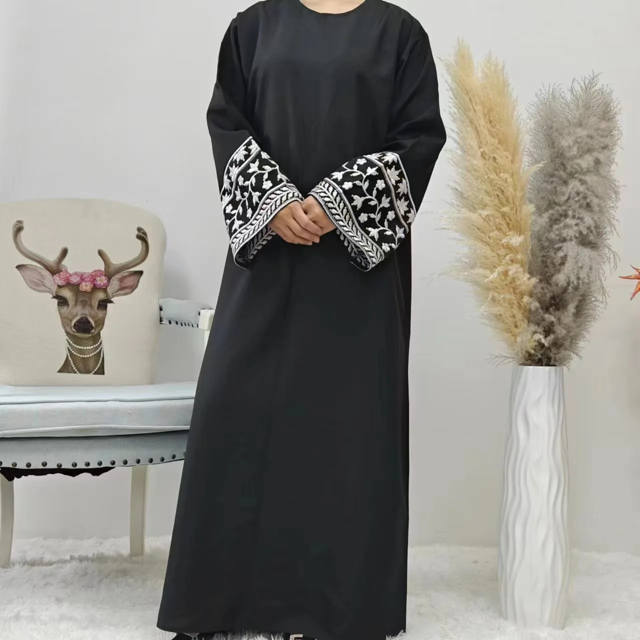 2024EID Embroidery Modest Linen Closed Abaya Femmes Robe Musulmane Dubai Abaya Women Muslim Dress
