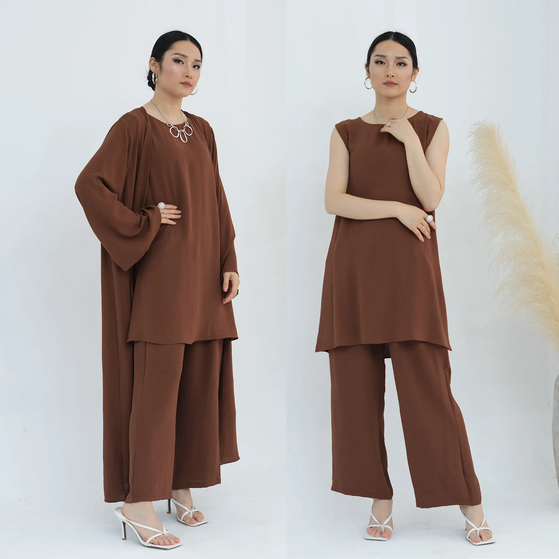 2024 Wholesale Custom Islamic Clothing Modest Dubai Jazz Crepe Cardigan Kimonos Women Muslim Dress Abaya Pants Three Pcs Sets