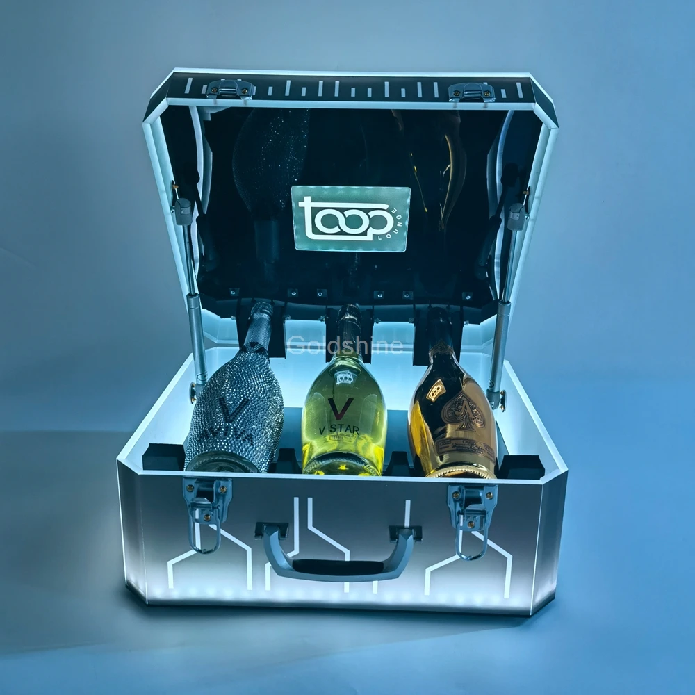 Custom Logo 3 Bottles Led Bottle Presenter Glorifier Acrylic LED Wine Display Box Suitcase Bottle Carrier Case for Nightclub Bar