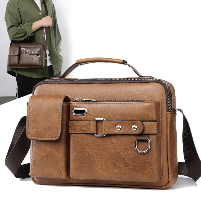 Mens Messenger Bag Waterproof Vintage Pu Leather Computer Laptop Bag Crossbody Bags For Work Men Satchel Handbag