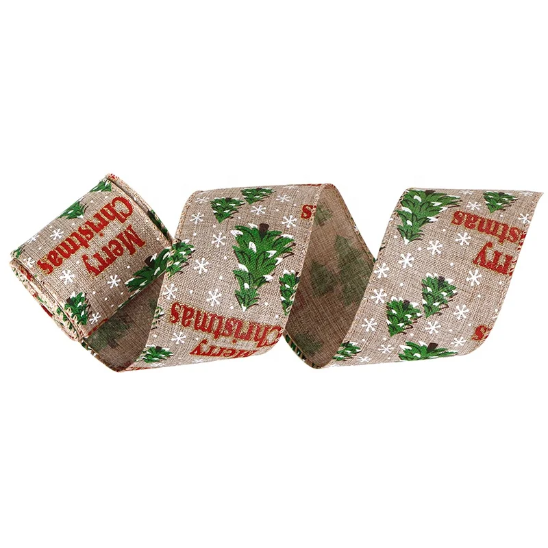 2.5 Inches Christmas Theme Wired Ribbon Wholesale Christmas Printed Burlap ribbons for Wreath Crafts Christmas Trees Decor