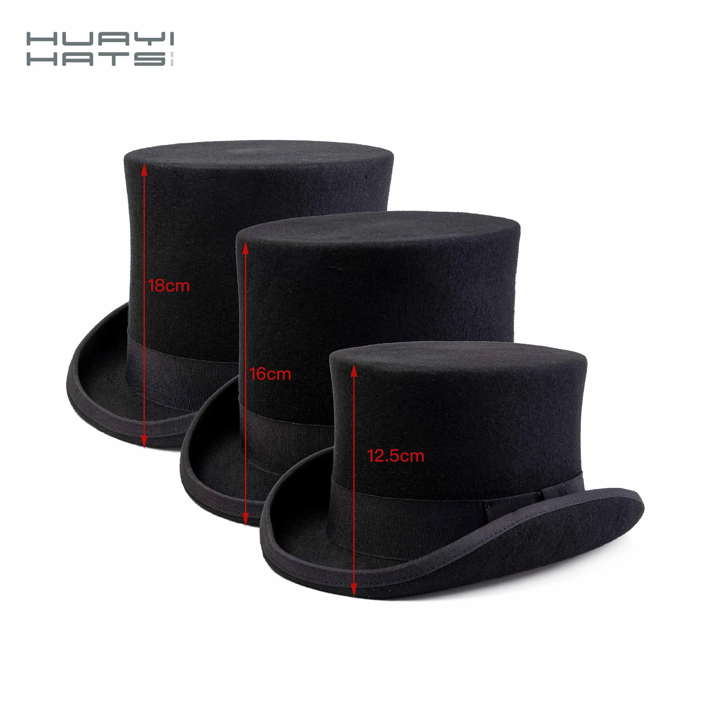 Huayihats custom black women and men top hats with logo 100% wool top hats