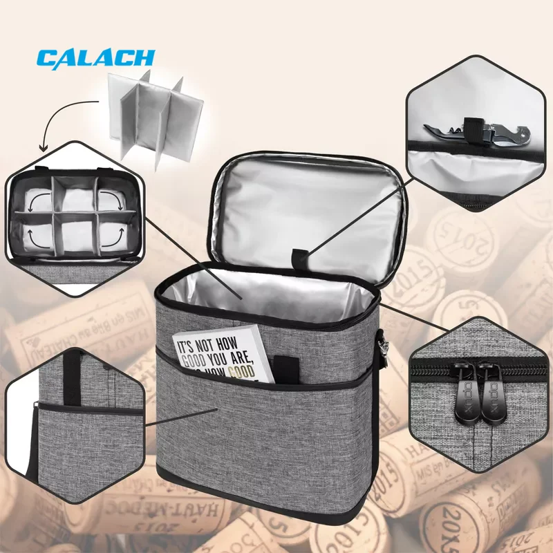Portable waterproof soft shoulder 6-bottle wine cooler carrier tote whisky wine bag for outdoor picnics camping activities