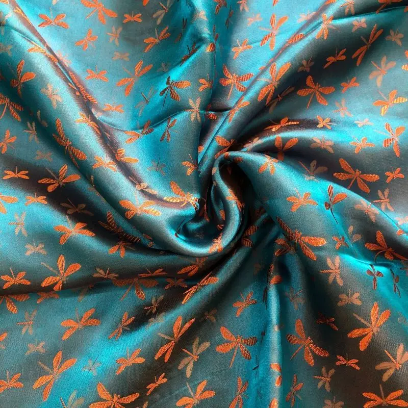 Blue Silk With Orange Dragonfly Pattern Natural Silk Pure Mulberry Silk Fabric By Yard For Women Dressmaking Somali Dirac Fabric