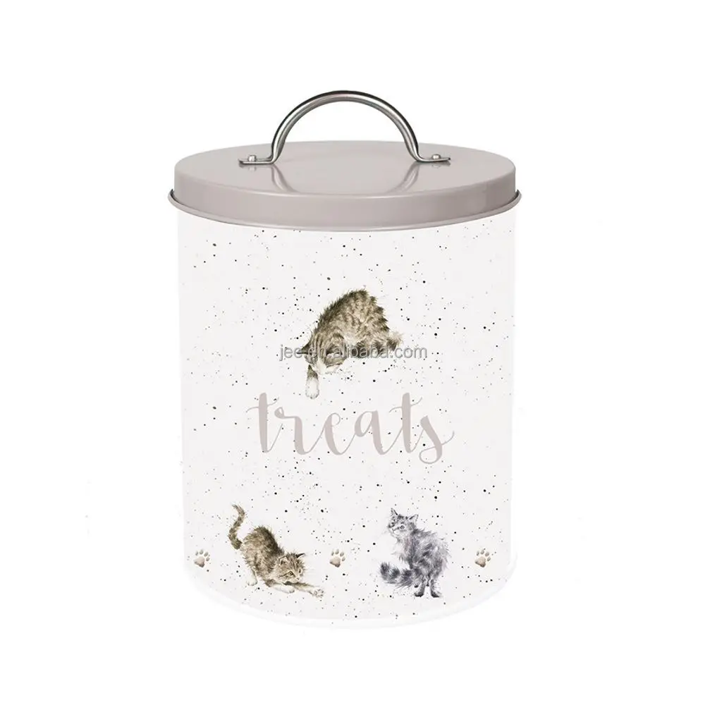customized wholesale Galvanized Metal large capacity round Shape Pet Food Container Dog Food Storage box Pet Treat Jar With Lip