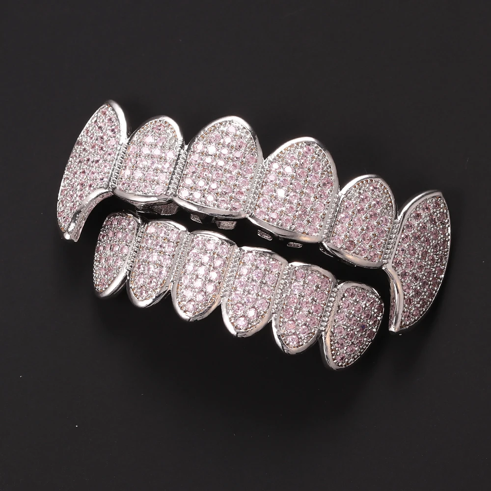 Iced Out Micro Pave CZ Teeth Grillz Top and Bottom Set 18k Gold Crystal Teeth Grills For Men Rapper Jewelry Wholesale