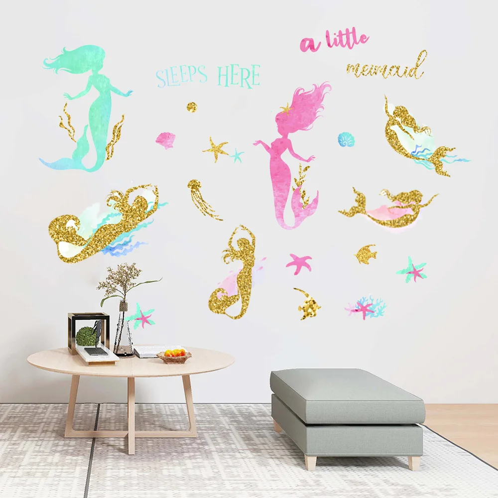 Custom 3D Golden Purple Mermaid Wall Decal Kids Room Bedroom Bathroom Decoration Wall Stickers