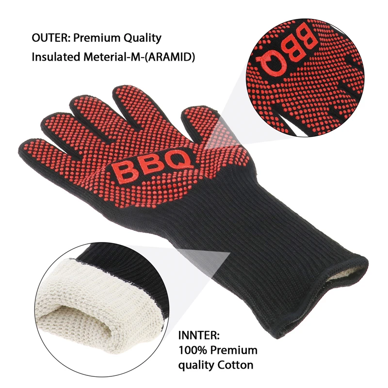 932F Heat Resistant Silicone Black Barbecue BBQ Gloves Flame proof Oven Mitt Non Slip Silicone Cooking Gloves Baking BBQ Grill