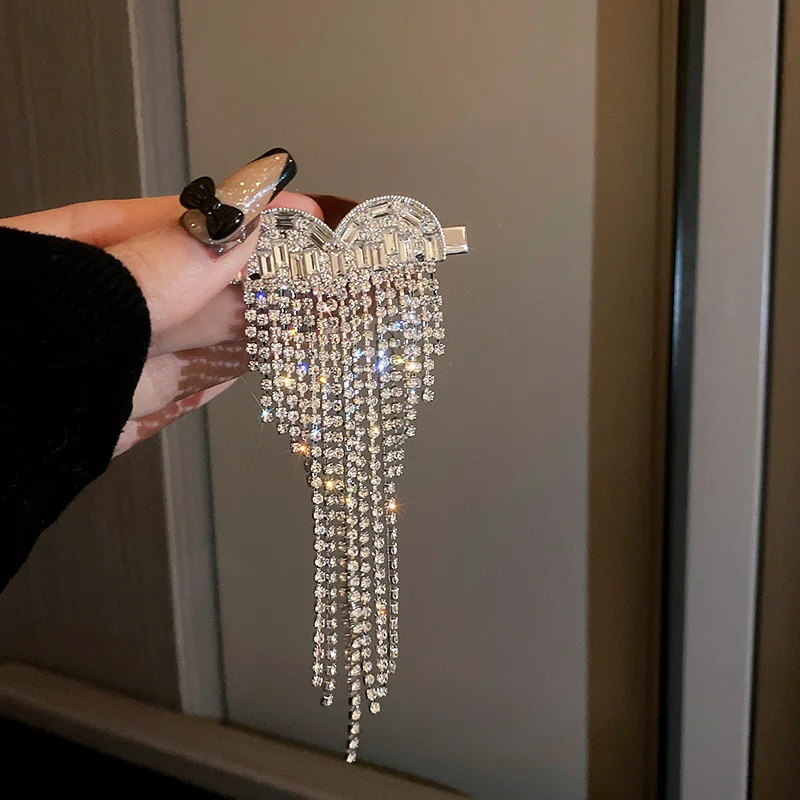 2022 New Fashion Rhinestone Heart Hair Pins Luxury Rhinestone Hair Accessories Clips Bow Heart Tassel Hair Clips for Women