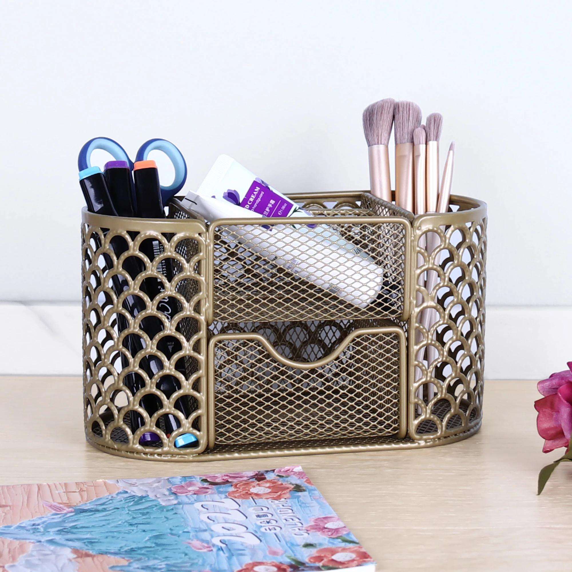 Hot sell 6 compartments mesh table rose gold desk organizer