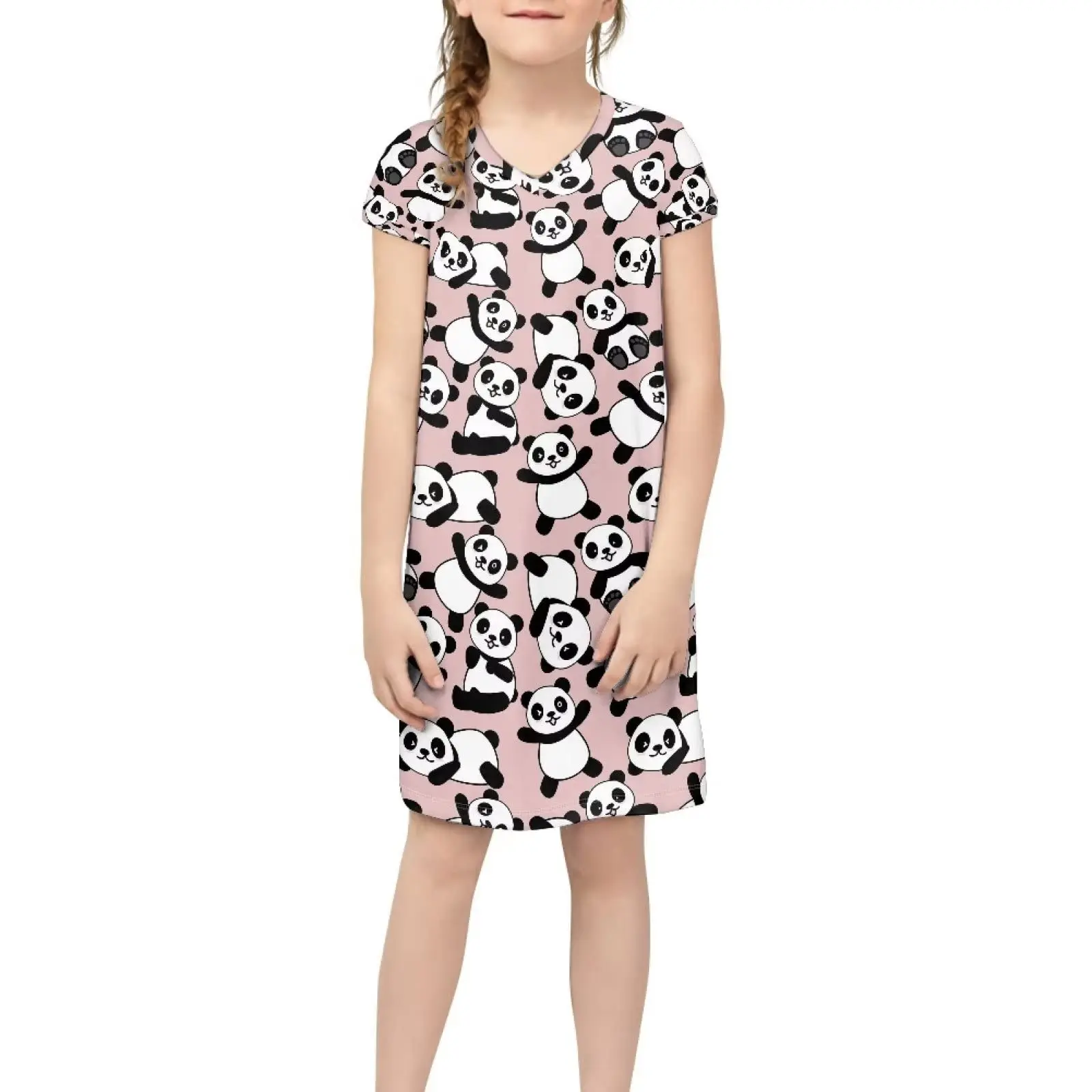 Cute Panda Custom V-Neck Dress For Girls Delicate And Comfortable Short-Sleeved Dress Dropshipping Casual Breathable Clothing