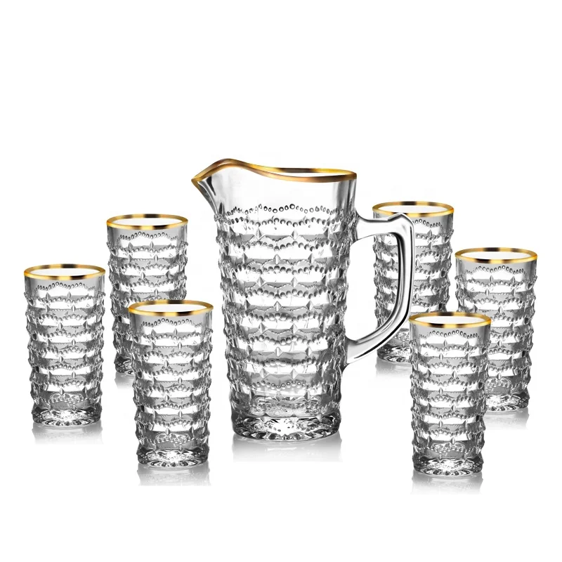 Factory popular high end curved water juice drinking chess set 7pcs glass jug set with gold rim pitcher drinking glass set