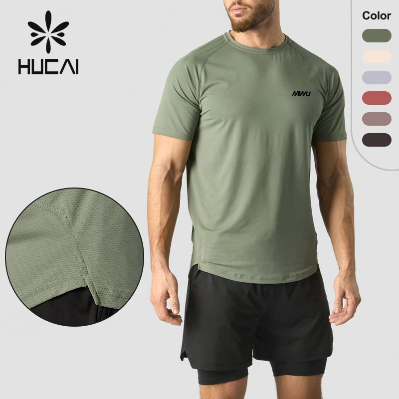 HUCAI Custom raglan sleeve polyester spandex lightweight breathable muscle mens sports running gym quick dry fit t shirt