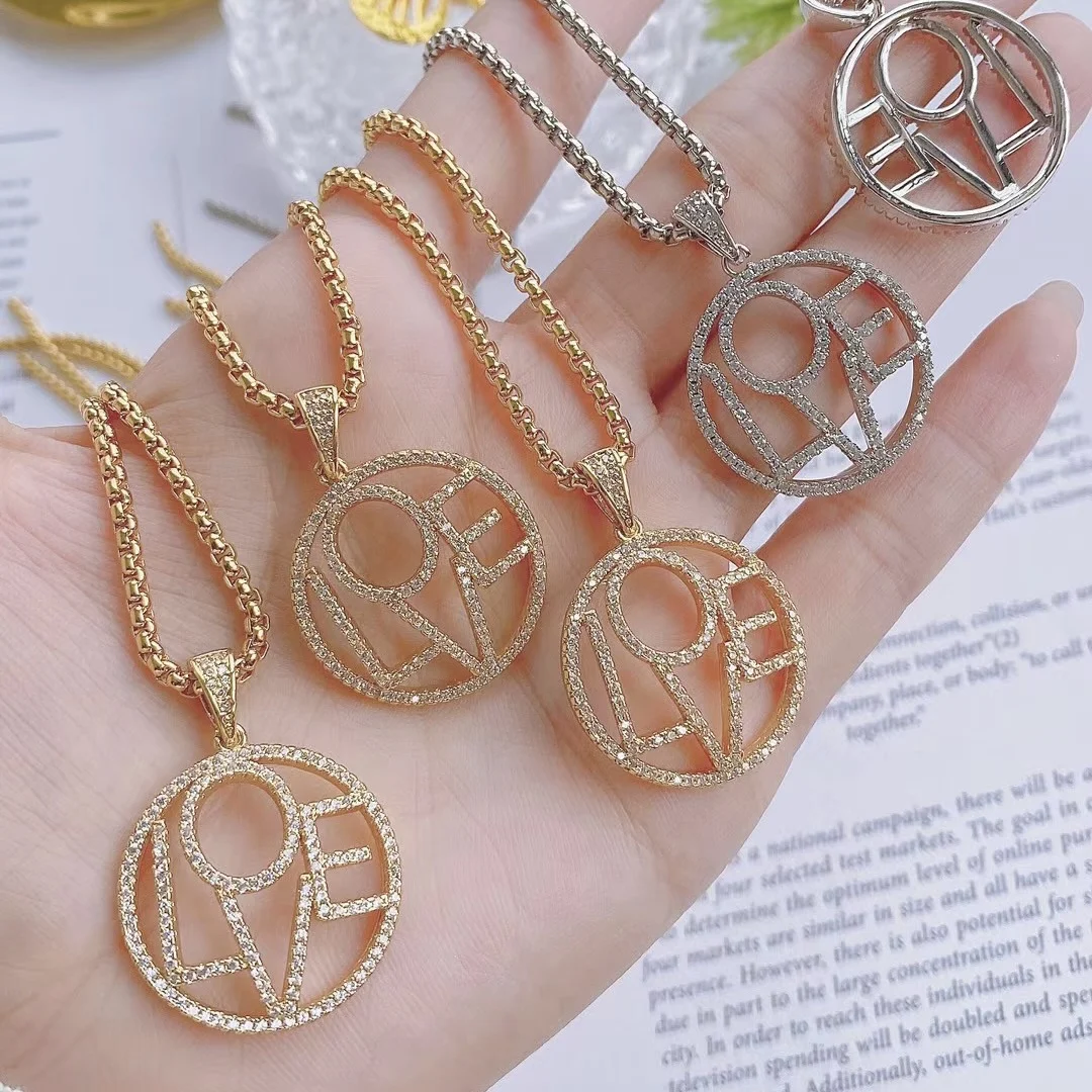 BD-L1166 Newest 18k gold box chain cz pave zircon necklace jewelries LOVE letter disk pendant necklace for men women